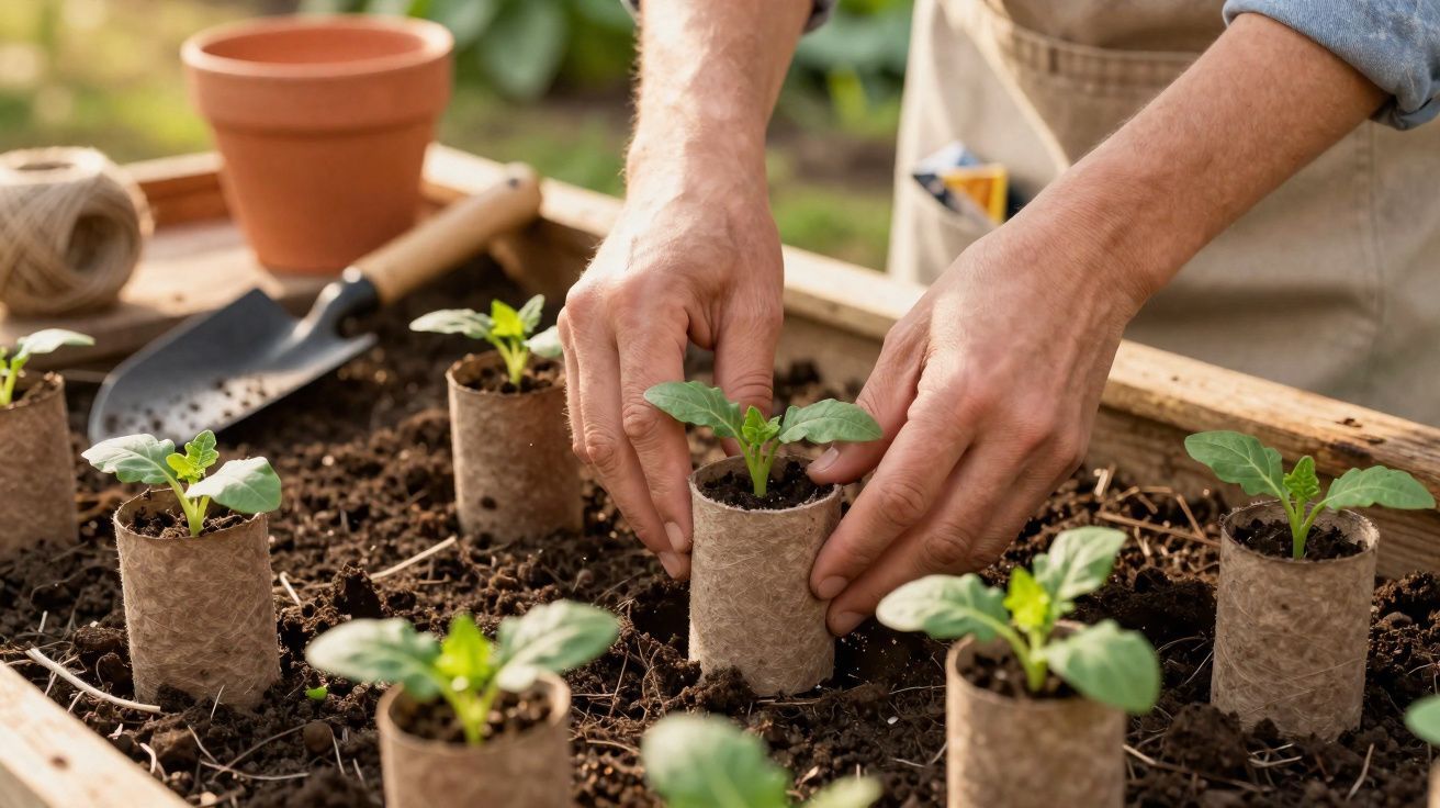 Mãos transplantam mudas de plantas em pequenos vasos biodegradáveis numa cama de plantação de madeira.