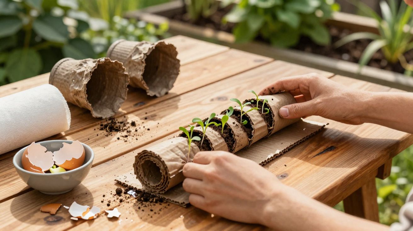 Mãos a transplantar pequenas plantas em rolos biodegradáveis numa mesa de madeira com cascas de ovos e terra.