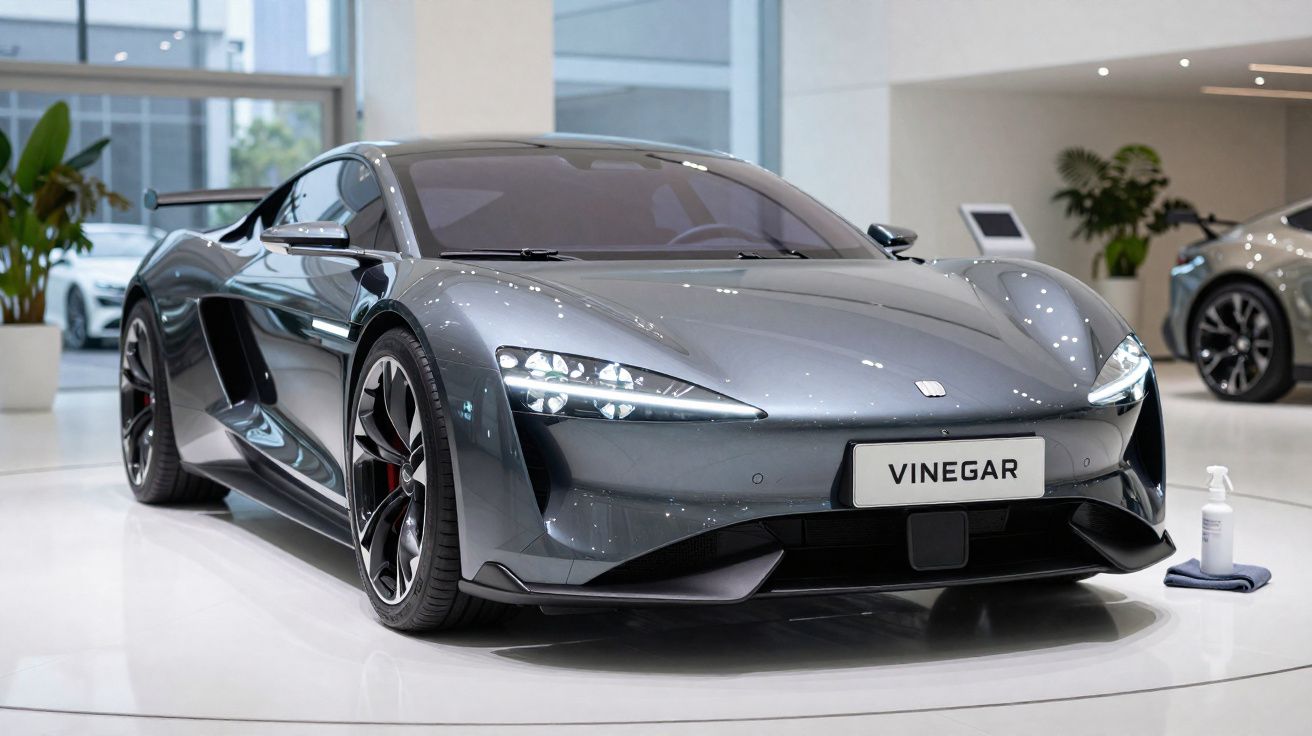 Carro desportivo cinzento brilhante exposto em sala moderna com piso branco e plantas ao fundo.