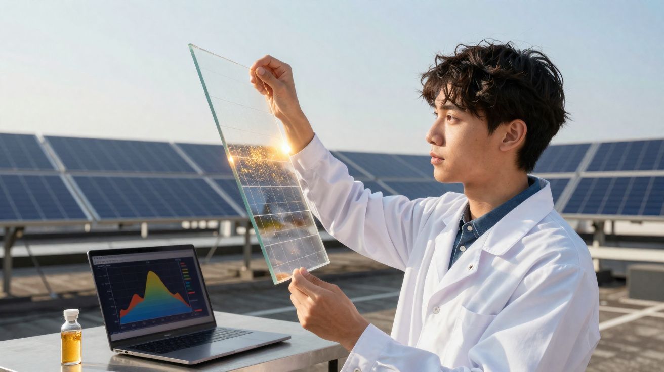 Homem com bata branca analisa célula solar transparente junto a painel solar e portátil com gráfico num terraço.