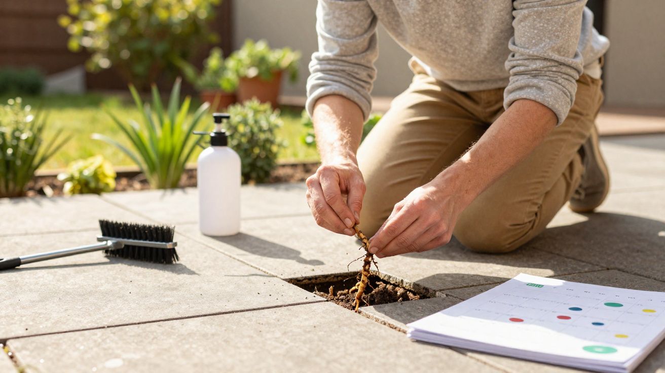 Pessoa ajoelhada a plantar uma pequena planta numa ranhura entre pedras num ambiente exterior com materiais ao lado.