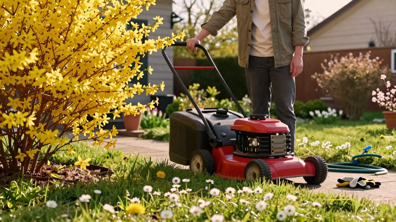 Pessoa a cortar relva com corta-relvas vermelho num jardim com flores amarelas e margaridas brancas.