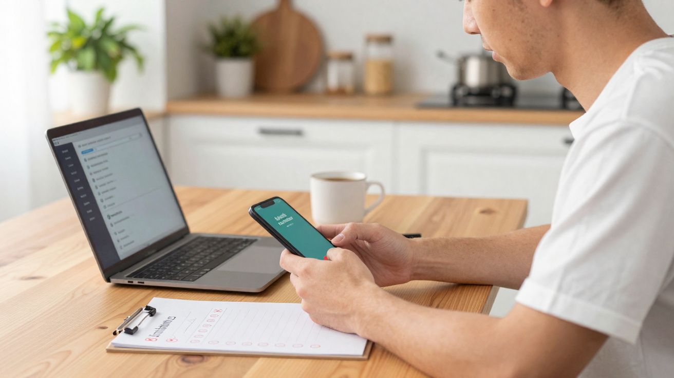 Pessoa sentada à mesa, a usar telemóvel, com portátil aberto e bloco de notas à sua frente numa cozinha.