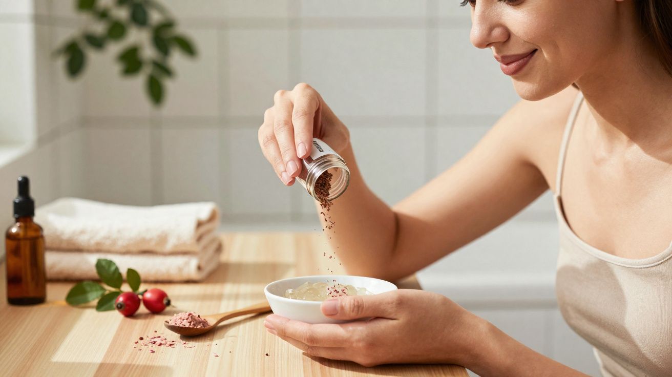 Mulher a polvilhar especiarias numa tigela branca numa mesa de madeira com toalha e frascos.