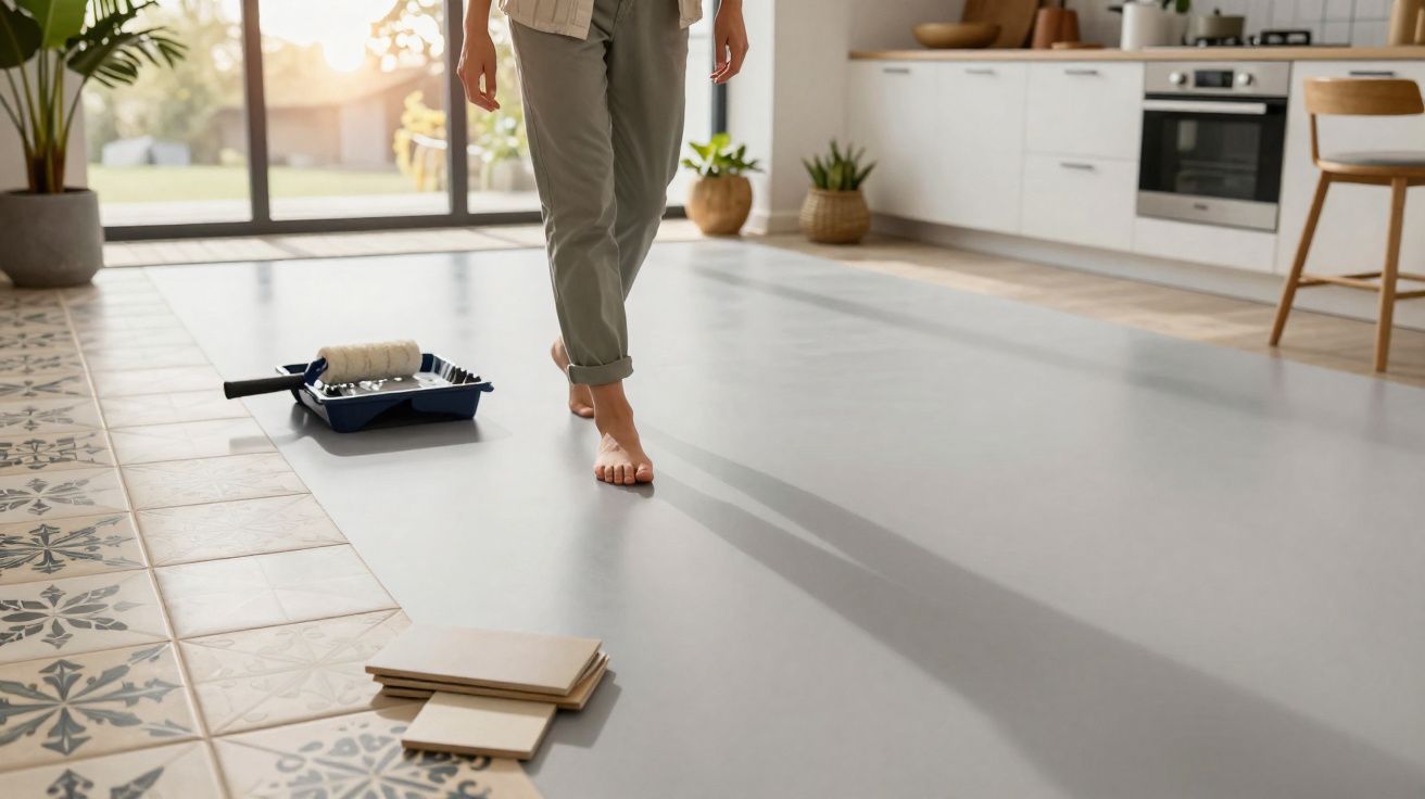 Pessoa descalça a caminhar sobre chão parcialmente pintado numa cozinha com janelas grandes e luz natural.