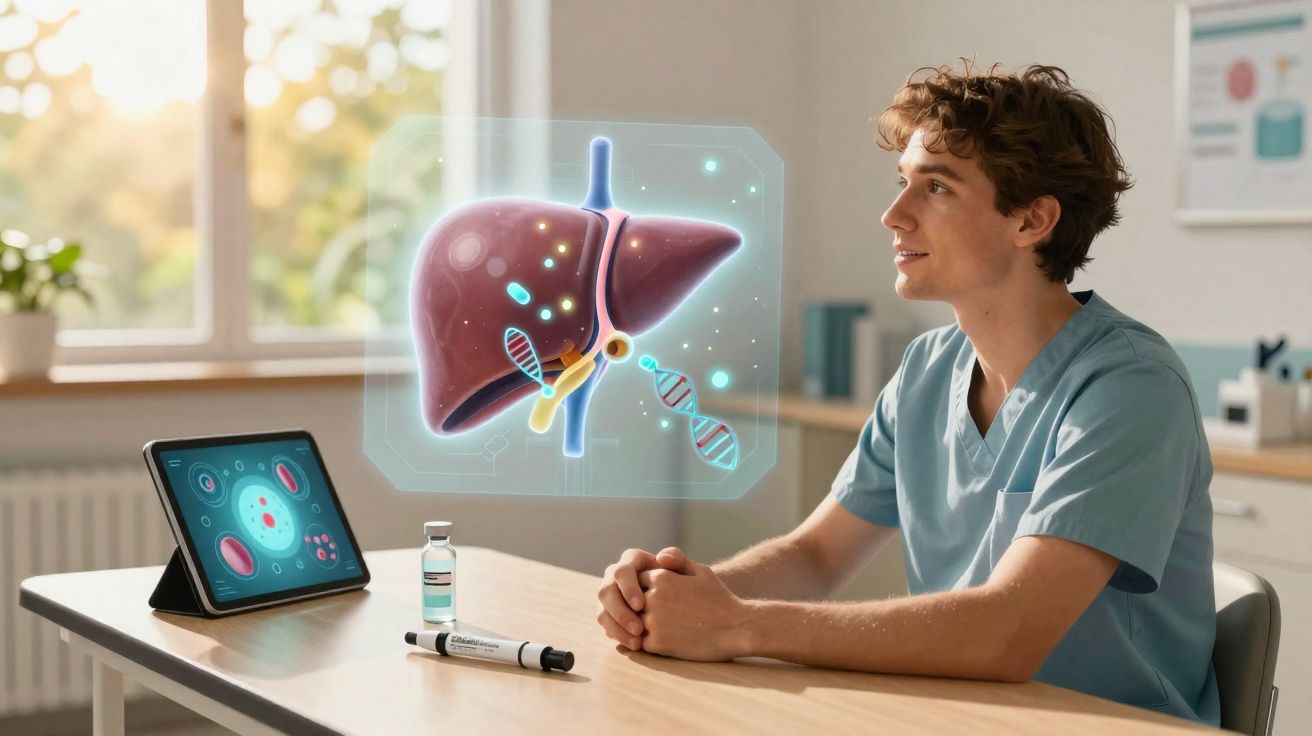 Jovem médico em consultório olhando para holograma de fígado e ADN numa mesa com tablete e vacina.