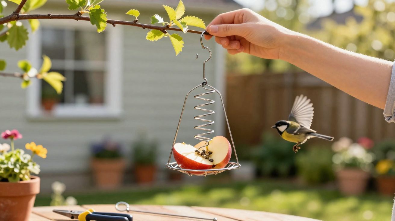 Mão a pendurar alimentador com maçã para pássaros numa árvore, pássaro a voar próximo no jardim.