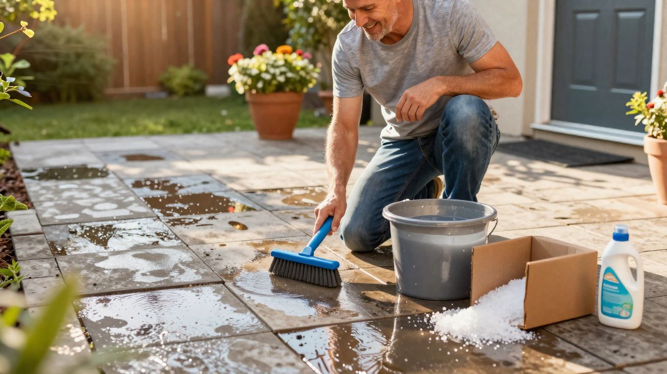 Homem a limpar chão de pedra no jardim com uma escova e balde, ao ar livre, em dia solarengo.