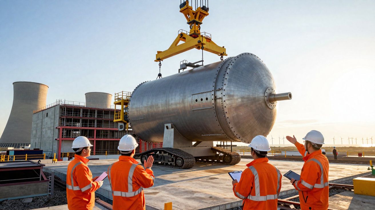 Quatro trabalhadores com capacetes e coletes laranja monitorizam a instalação de um grande recipiente metálico numa central e