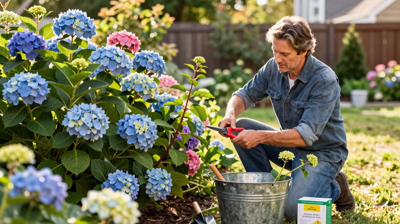 Homem a podar flores de hortênsia cor-de-rosa e azul num jardim ensolarado.