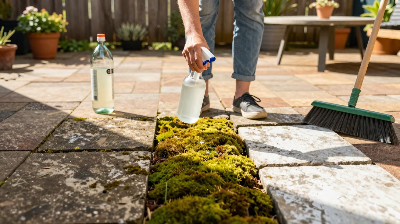 Pessoa a pulverizar solução para remover musgo entre pedras num pátio exterior com vassoura ao lado.