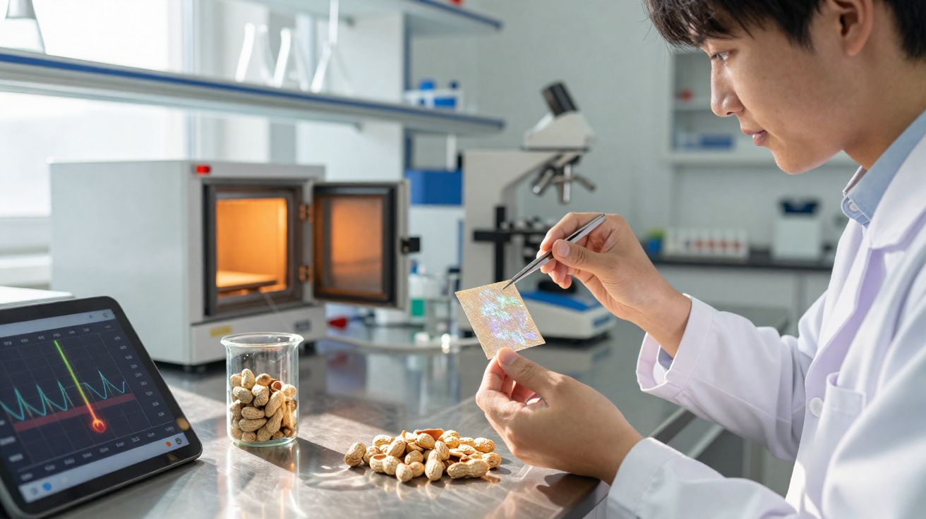 Cientista analisa amostra num laboratório com amendoins e tablet exibindo gráficos ao lado.