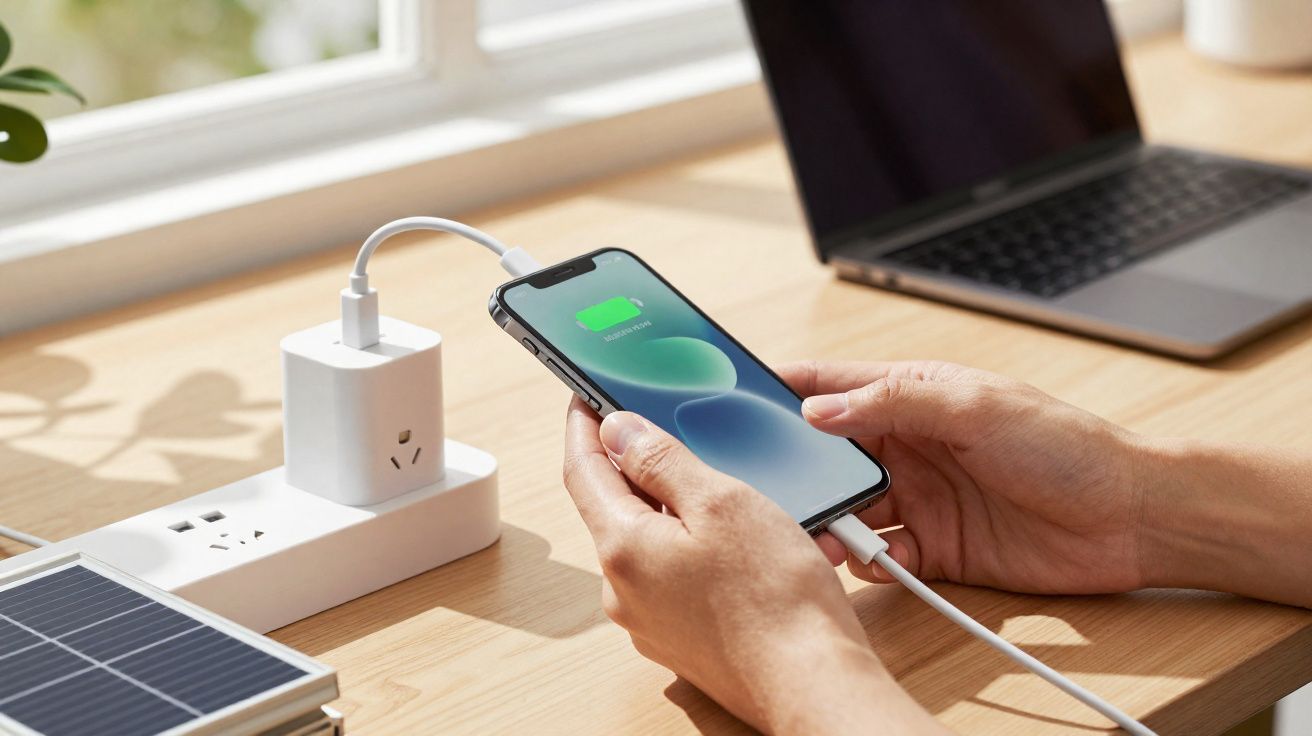 Mãos segurando um smartphone a carregar ligado a uma ficha na régua de tomadas numa mesa de madeira, com portátil ao fundo.