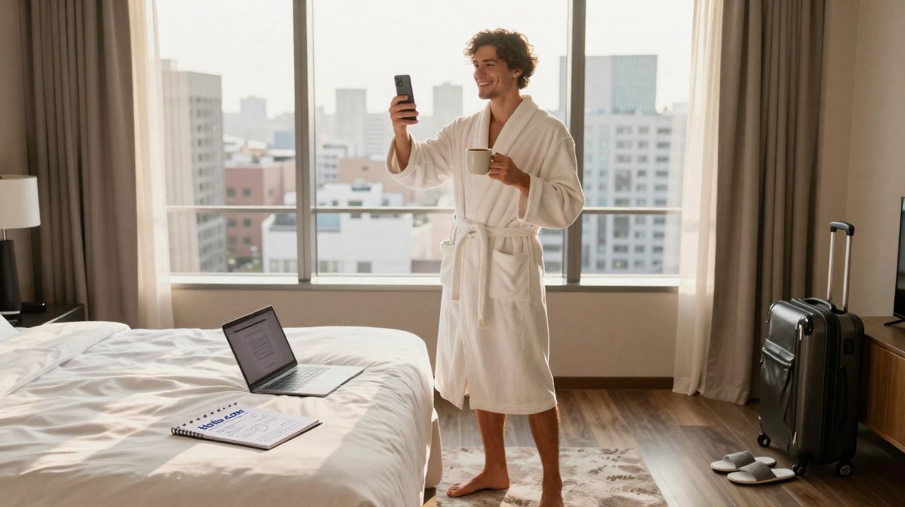 Homem com robe branco faz videochamada segurando caneca em quarto de hotel moderno com mala e laptop.