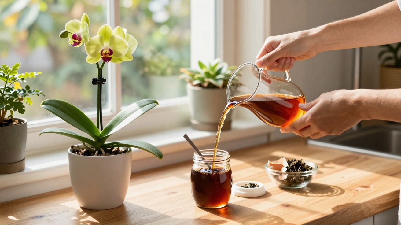 Pessoa a verter chá preto numa jarra numa bancada de madeira junto a plantas na janela.