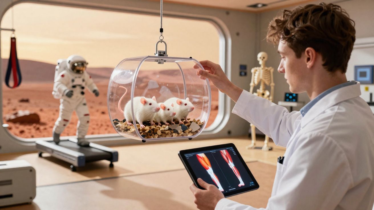 Cientista observa ratos brancos numa caixa suspensa enquanto analisa imagens musculares numa sala com janela para paisagem ma