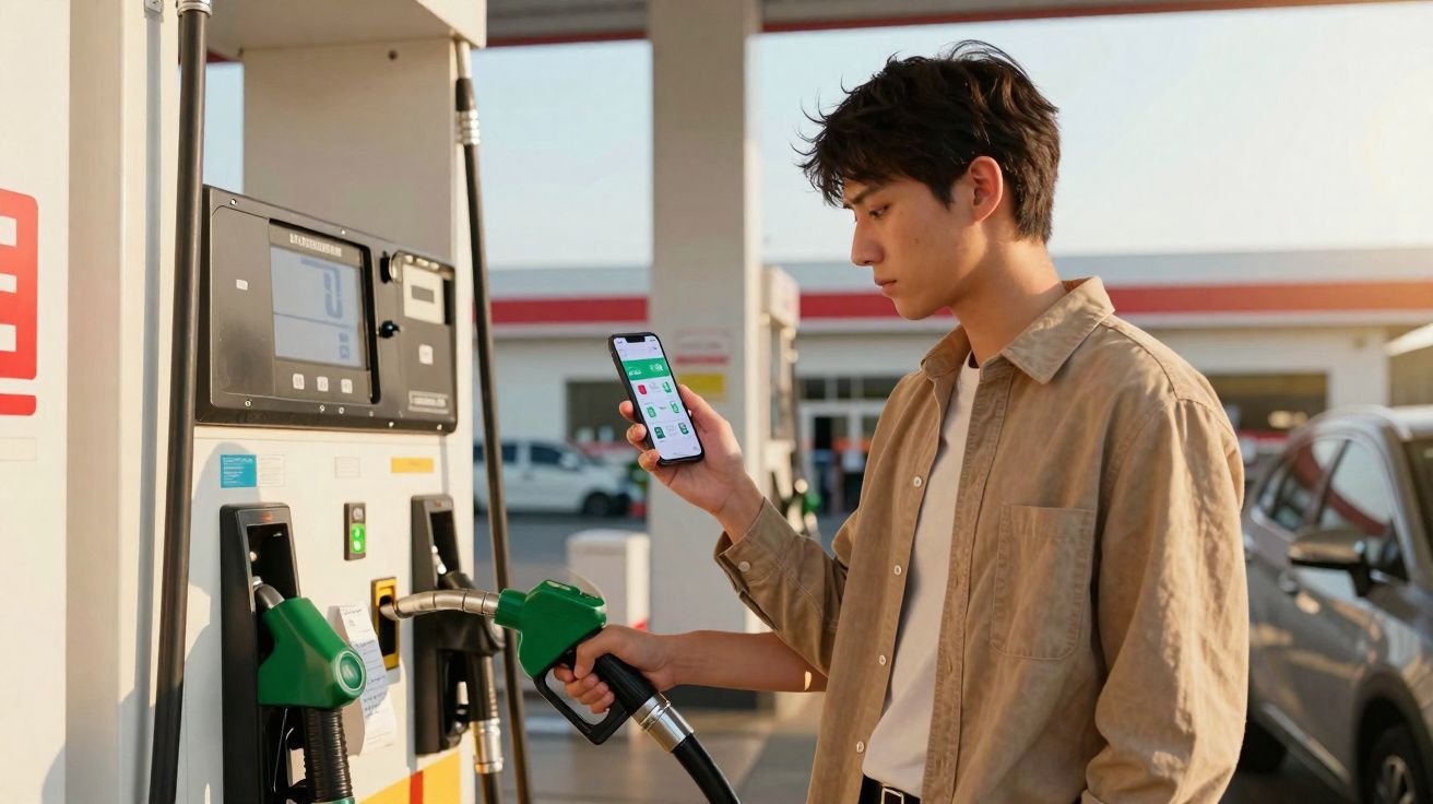 Homem jovem a usar telemóvel enquanto abastece carro numa bomba de gasolina ao pôr do sol.