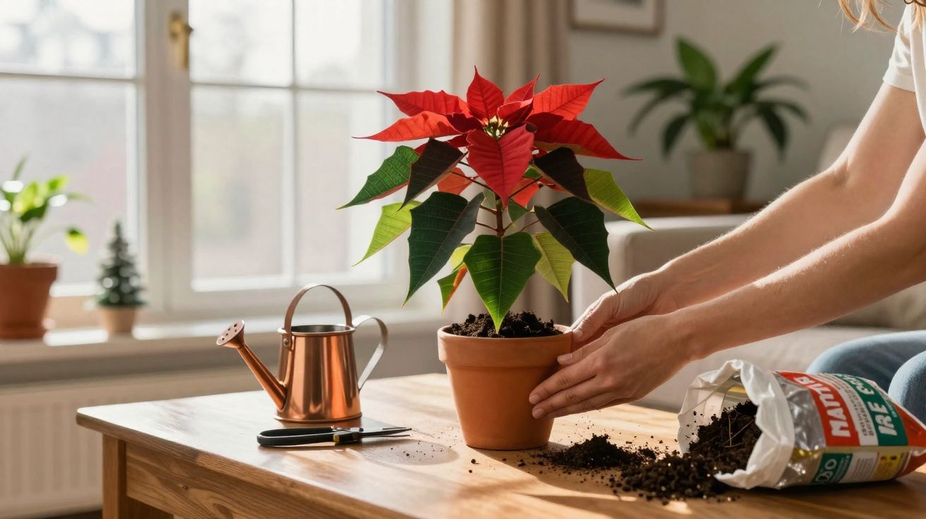 Pessoa a cuidar de uma planta de flor de Natal num vaso sobre uma mesa de madeira em casa iluminada.