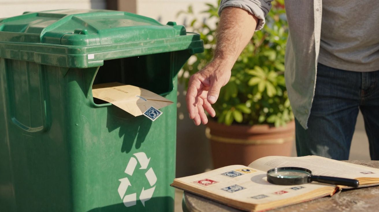 Pessoa a colocar envelope reciclável num ecoponto verde ao lado de álbum de selos e lupa numa mesa.