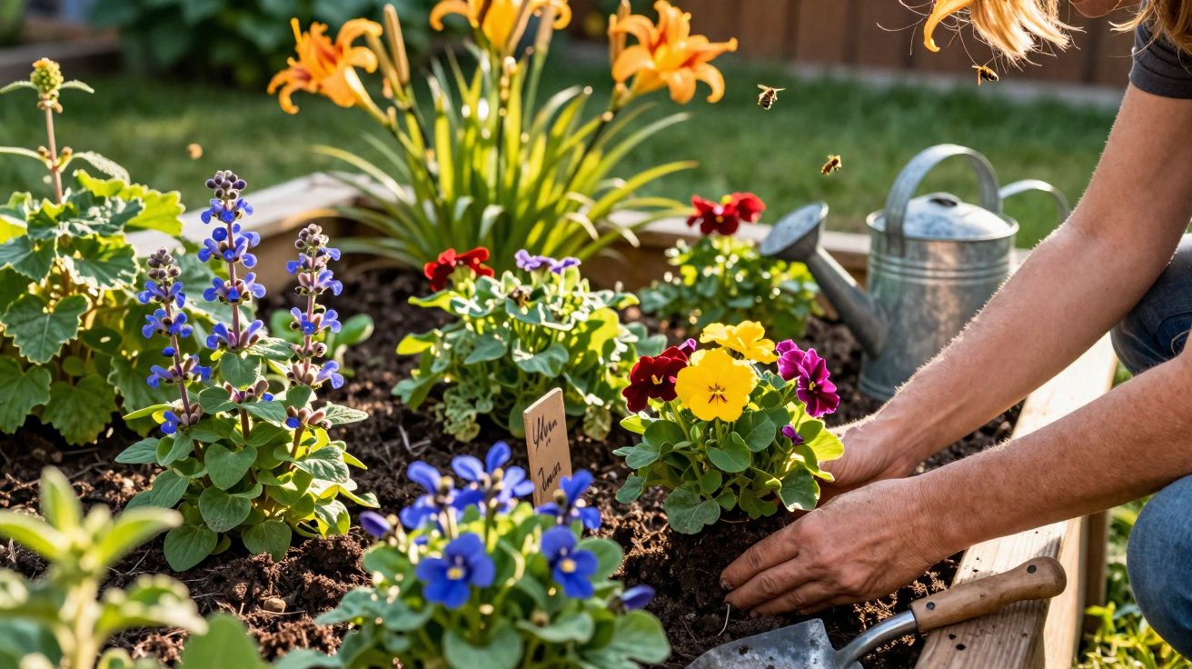 Pessoa a plantar flores coloridas num canteiro de jardim com regador metálico ao fundo.