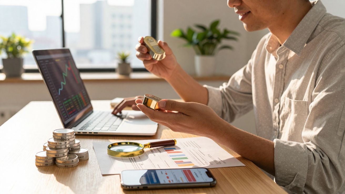 Pessoa com moedas de ouro e prata analisa gráficos financeiros num computador portátil e num smartphone.