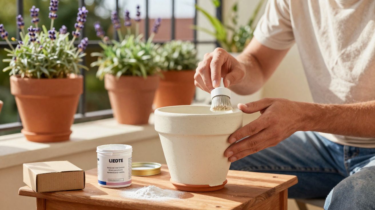 Pessoa a pintar um vaso de cerâmica com pincel, com vasos de plantas ao fundo numa janela.