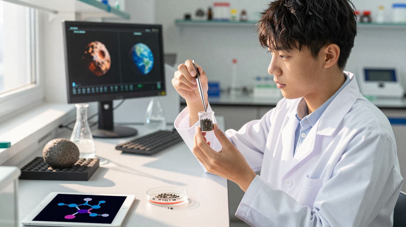 Cientista com bata branca analisa amostras em frasco num laboratório com imagens do espaço no computador.