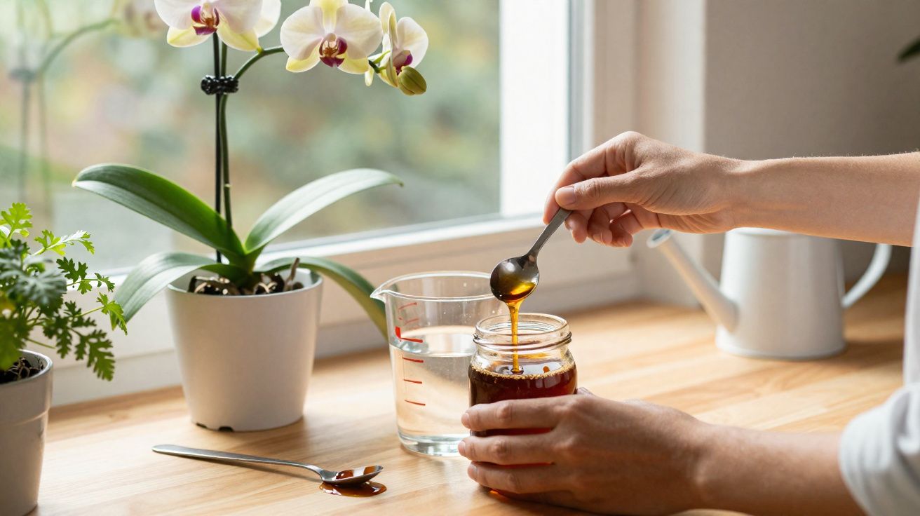 Mãos a retirar mel de frasco com colher numa cozinha junto a plantas e jarro de rega em madeira clara.