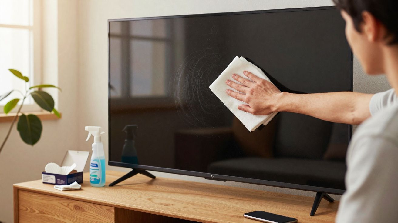 Pessoa a limpar e polir ecrã de televisão plana numa sala com luz natural.