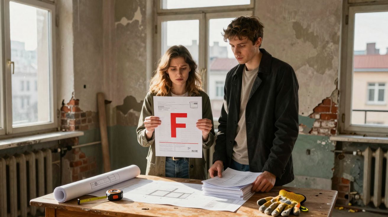 Jovens observam documentos com plano arquitetónico, mulher segura papel com letra F grande, em ambiente degradado.
