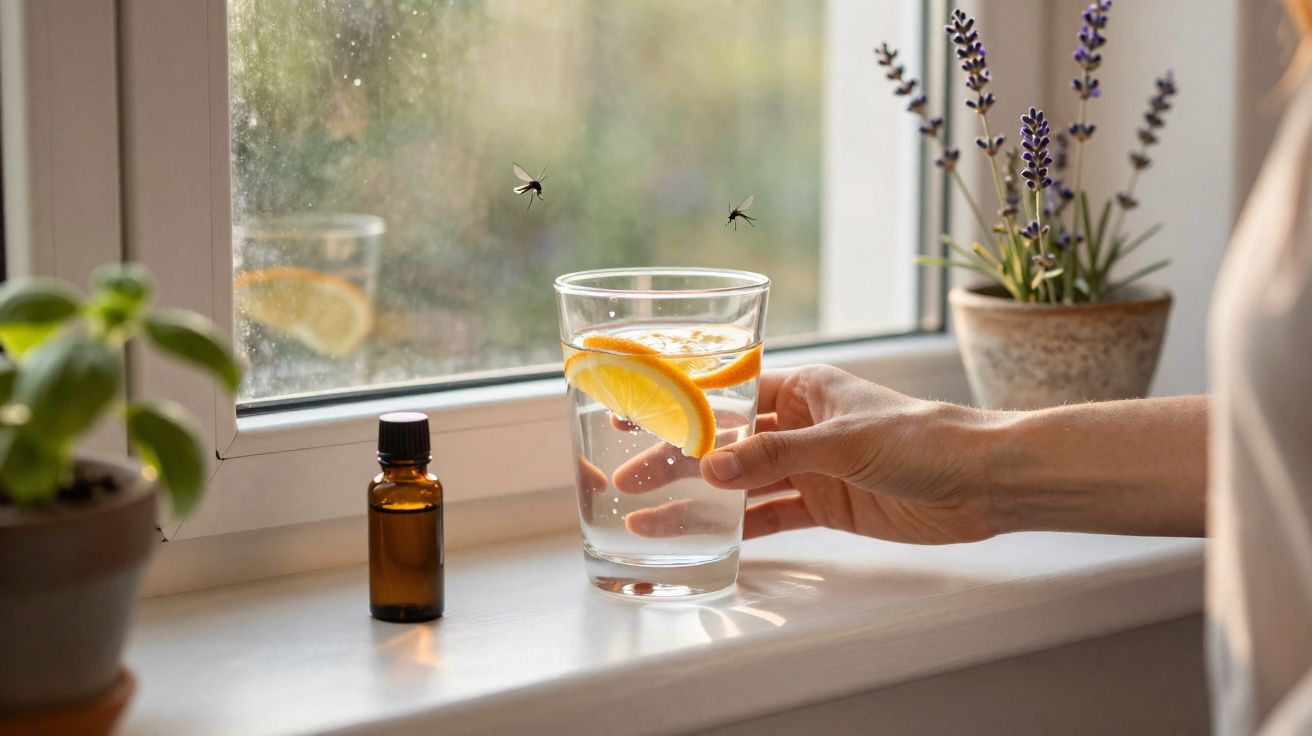 Pessoa segura copo de água com limão junto a janela com plantas e duas moscas no vidro.