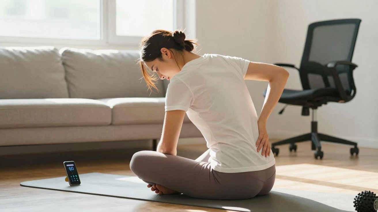Mulher sentada no chão com dor nas costas, numa sala com tapete e telemóvel em frente.