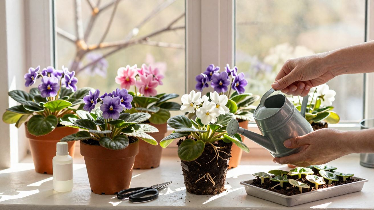 Pessoa a regar violetas coloridas em vasos de barro numa janela iluminada pelo sol.