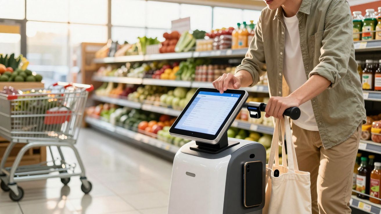 Pessoa a interagir com um robô de supermercado equipado com ecrã tátil na secção de frutas e vegetais.