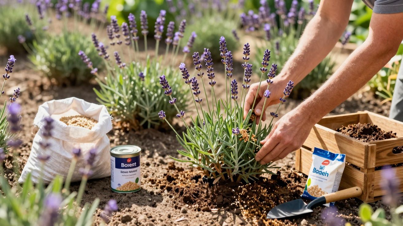 Mãos a cuidar de planta de lavanda num jardim com sementes, terra e utensílios de jardinagem à volta.