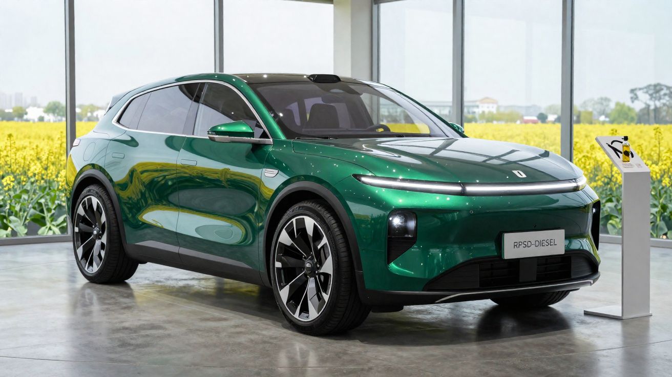 Carro elétrico verde com design moderno exibido em sala com janelas grandes e campo amarelo ao fundo.