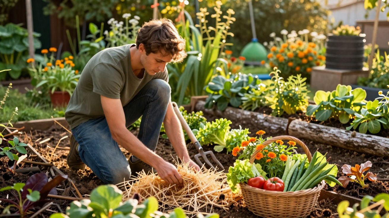 Homem ajoelhado a cuidar de plantas e legumes num horto ensolarado com cesta de colheita ao lado.