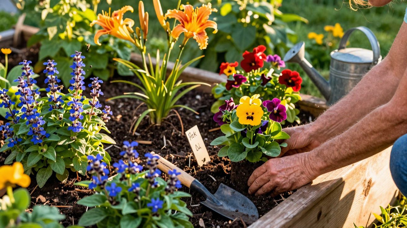 Pessoa a plantar flores coloridas numa cama de jardim elevada com terra e regador metálico ao fundo.