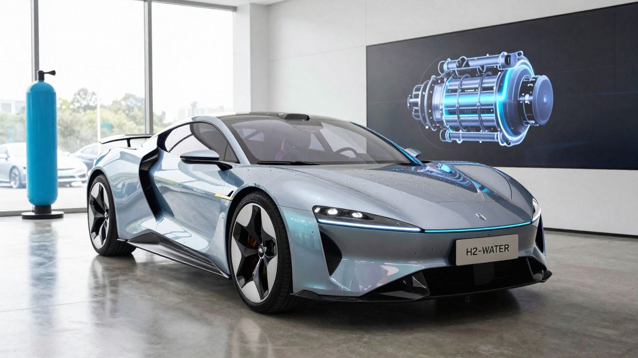 Carro desportivo azul metálico elétrico H2-Water num showroom moderno com parede tecnológica ao fundo.