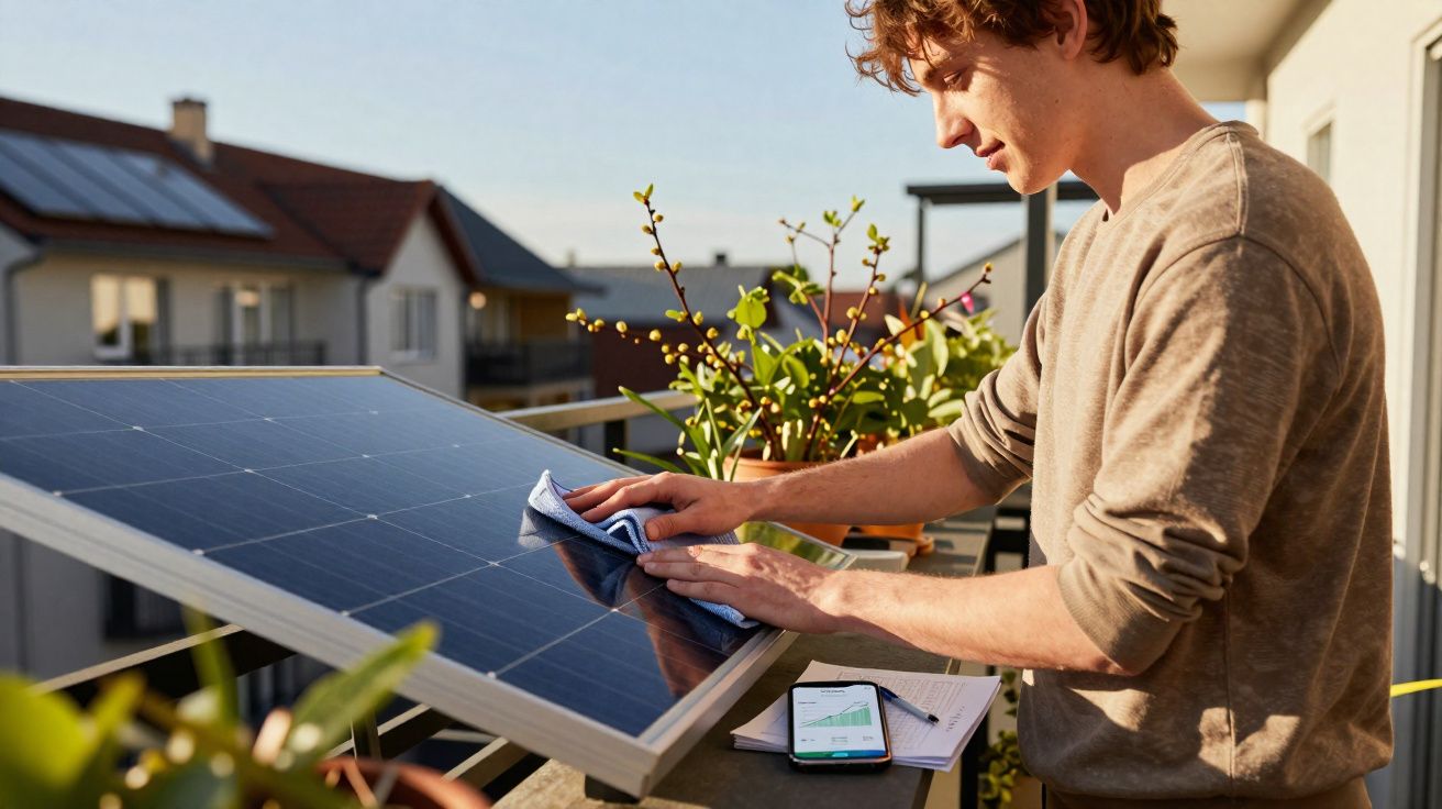 Jovem limpa painel solar numa varanda ensolarada com plantas e notas ao lado.