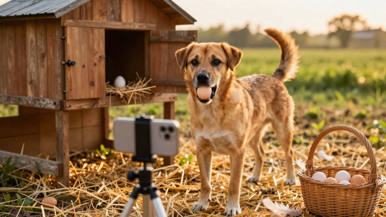 Cão junto a galinheiro com ovo na boca, cesto com ovos e smartphone num tripé para foto ou vídeo.