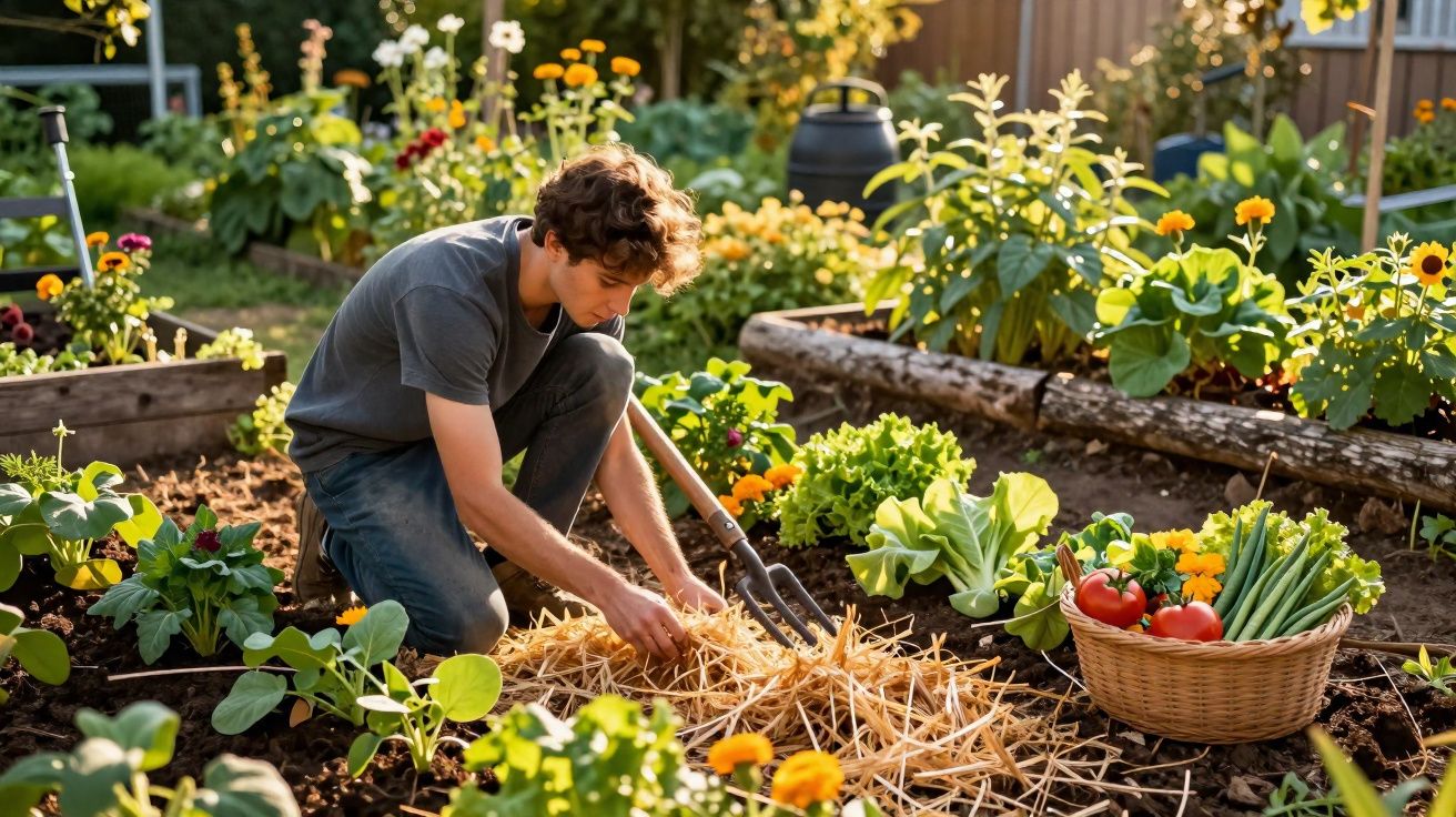 Jovem a cuidar de plantações num jardim com flores e legumes frescos à volta ao entardecer.