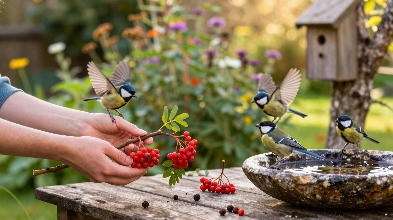 Mãos seguram ramo com bagas vermelhas, quatro aves pequenas com asas abertas, bebedouro e fundo de jardim florido.