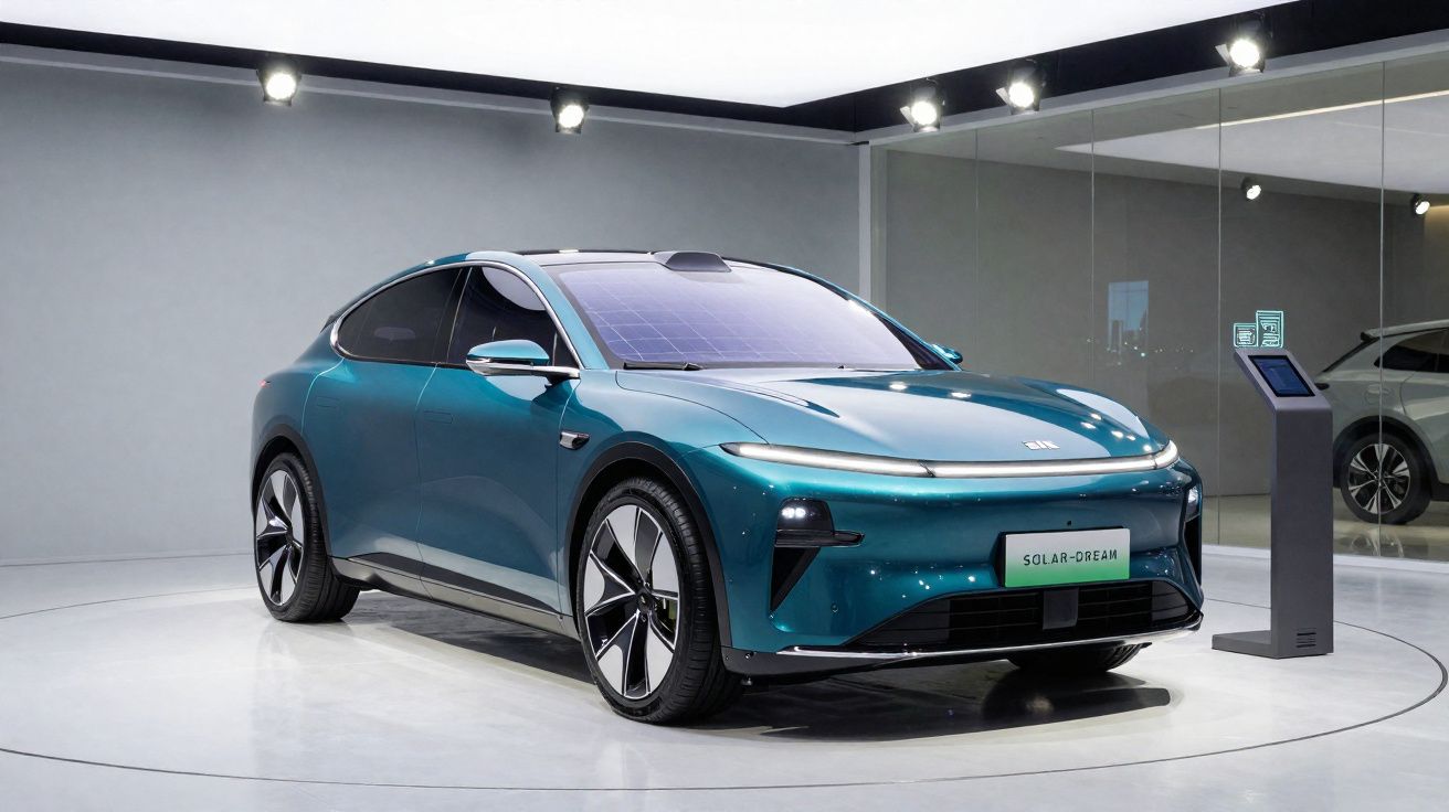 Carro elétrico moderno azul com design aerodinâmico exposto em salão com iluminação e espelhos.