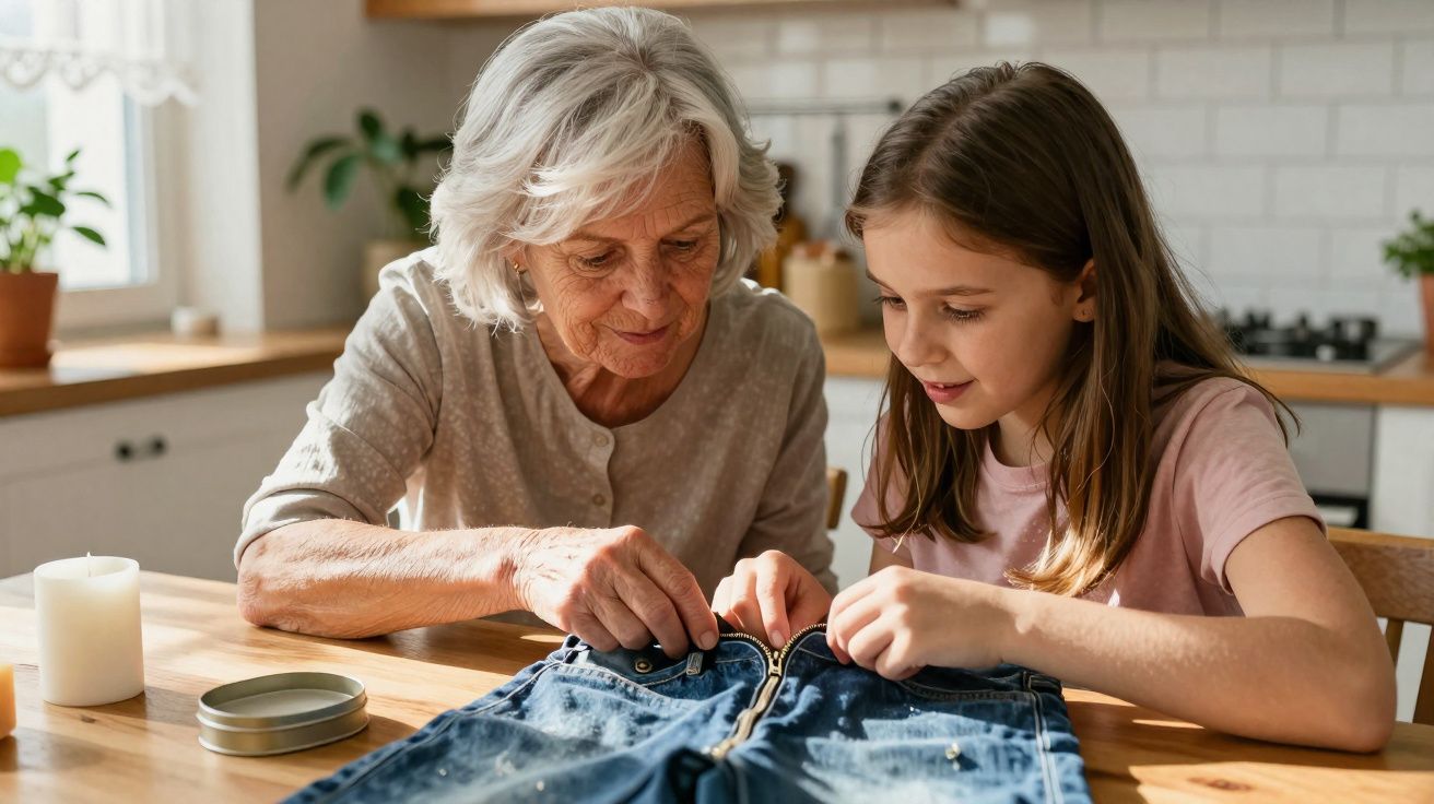 Avó e neta sentadas numa mesa, a fechar um fecho éclair numa peça de roupa jeans.
