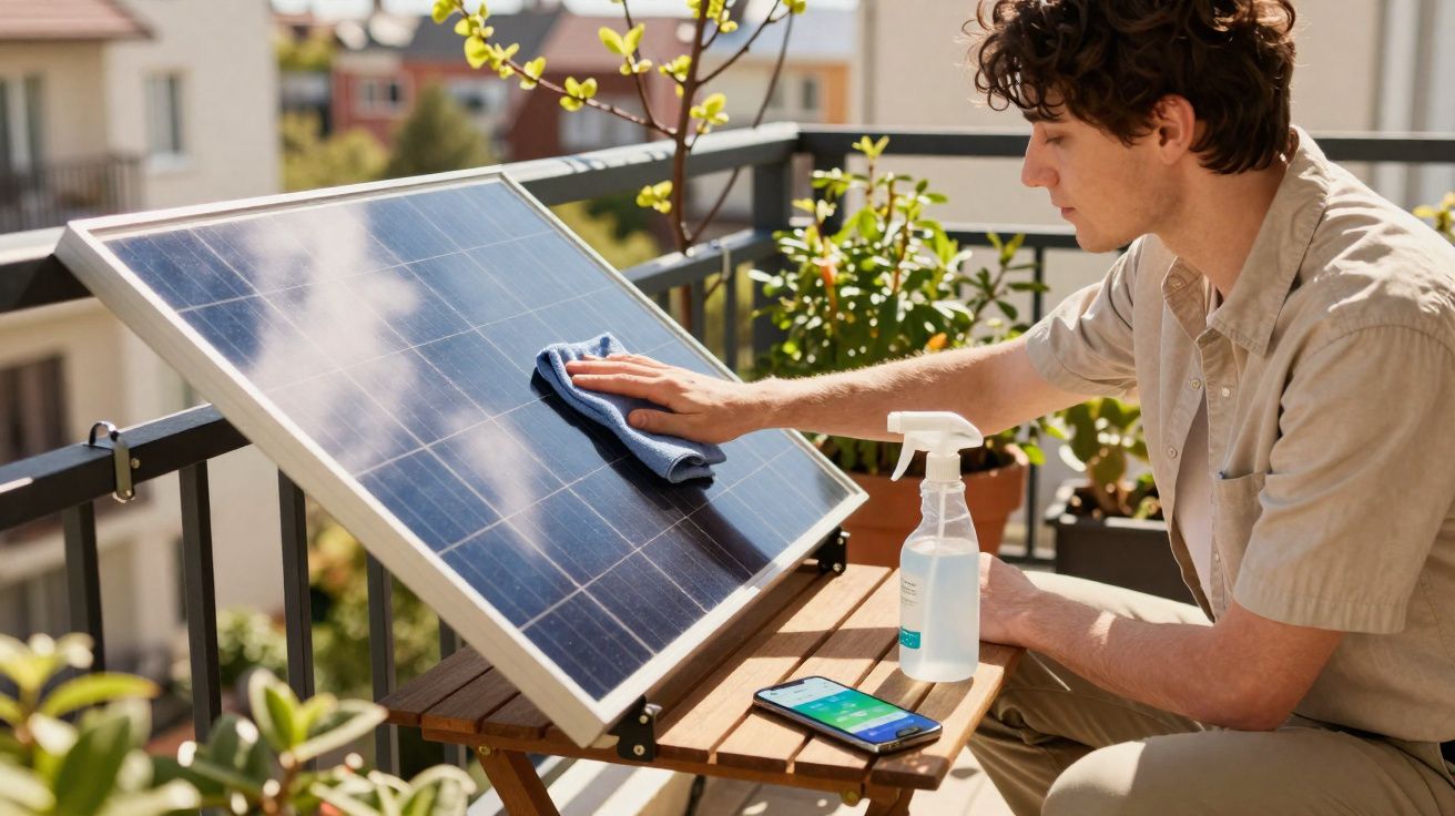 Pessoa limpa um painel solar num varandim com plantas ao redor e um smartphone na mesa.