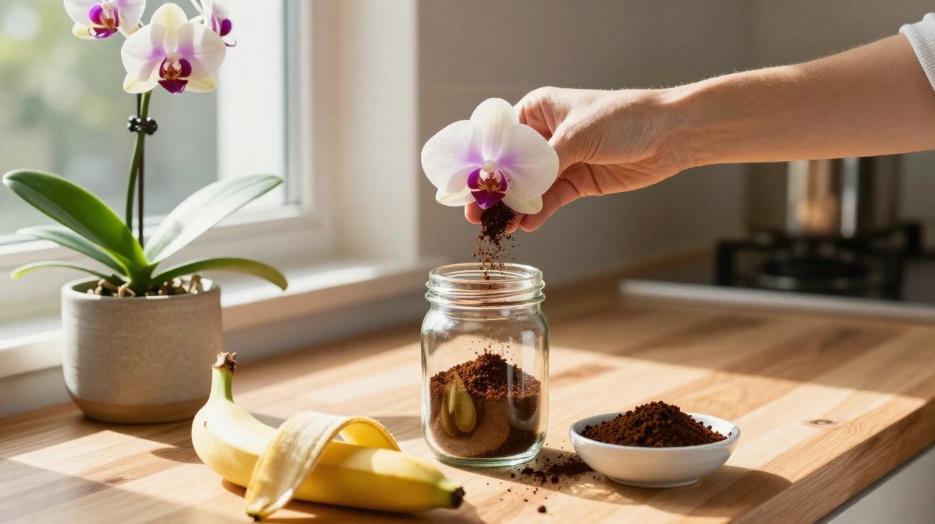 Mão a deitar borra de café de uma flor branca para um frasco, com orquídea e banana numa mesa de madeira.