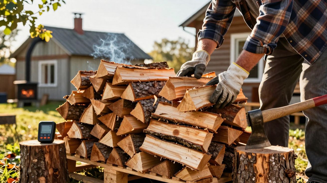 Pilha de lenha preparada junto a duas casas, com pessoa a organizar toros e machado numa tora.