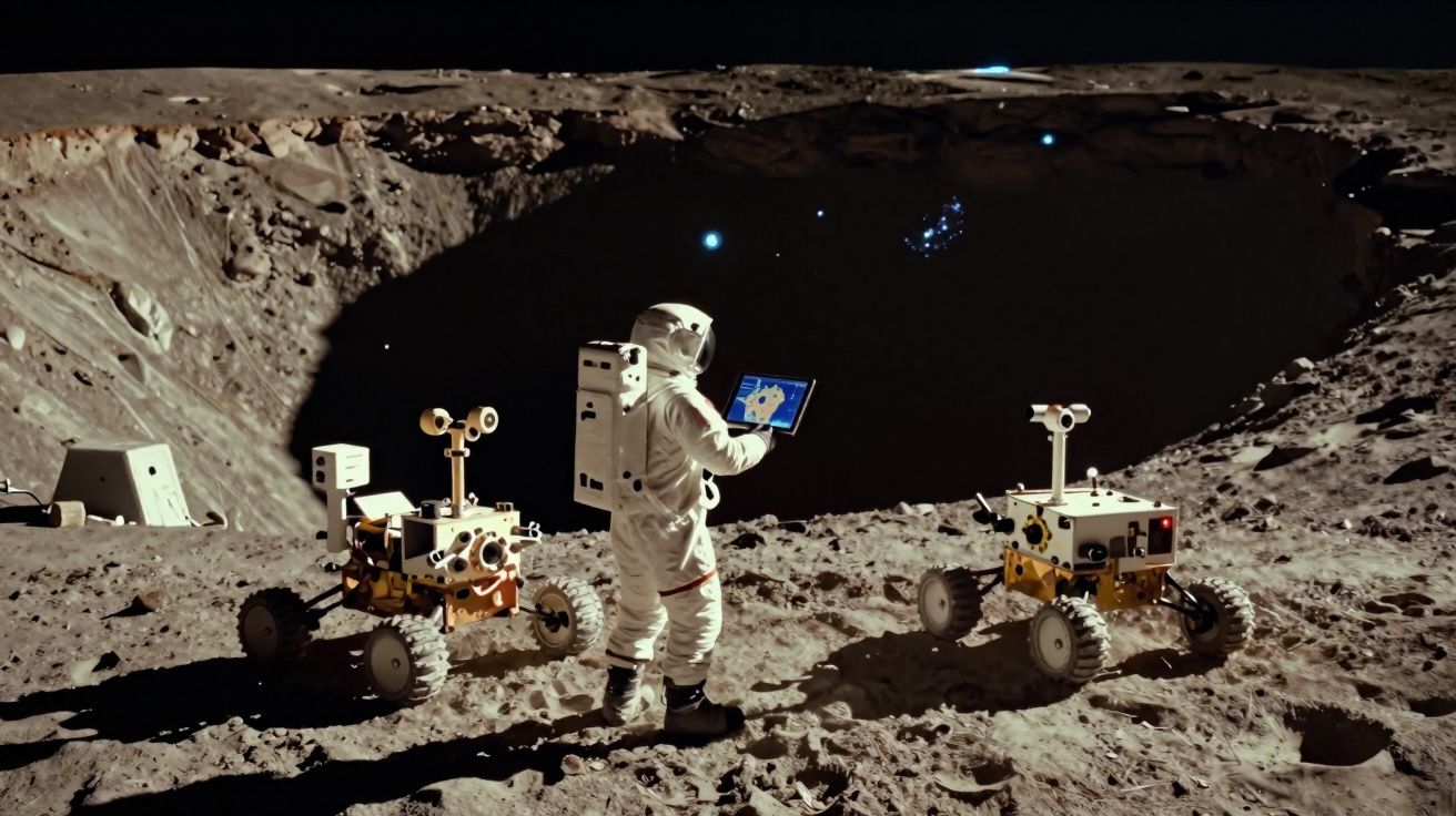 Astronauta na superfície lunar com dois robôs exploratórios ao lado, analisando dados num tablet.