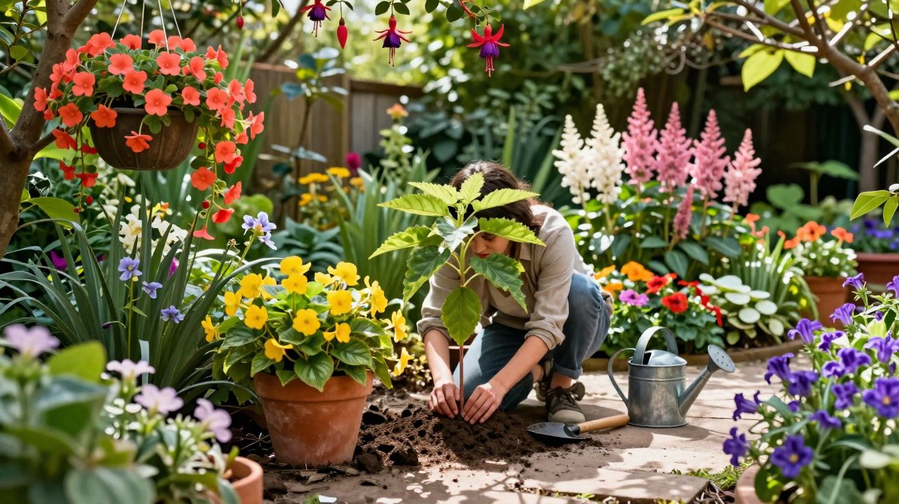 Pessoa a plantar jovem árvore num jardim florido com vasos e diversas flores coloridas.
